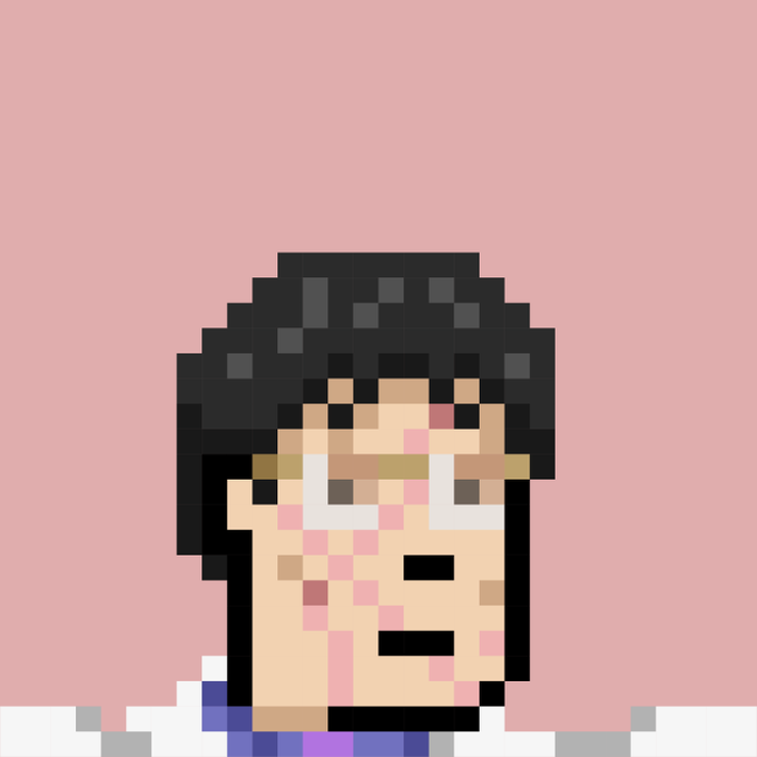 Pixel art portrait of a person with dark hair against a pink background, featuring visible facial blemishes and a neutral expression.