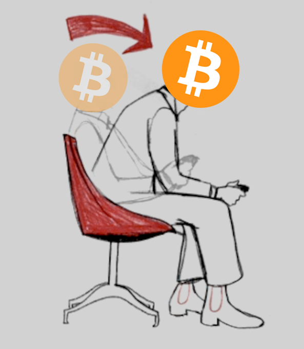 A hand-drawn illustration of a person sitting in a chair, with two Bitcoin logos serving as their head, and a red arrow curving from the left, lighter coin to the right, darker coin.