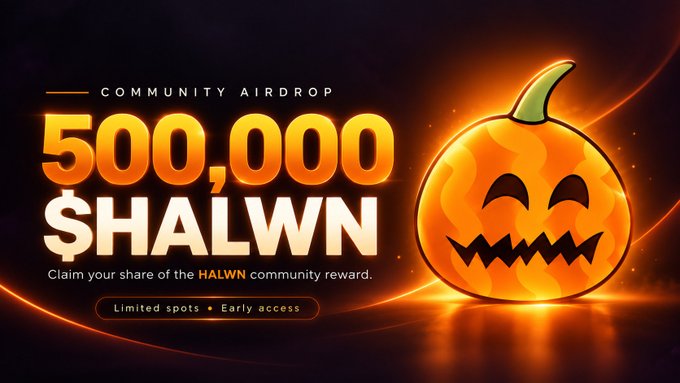 A Halloween-themed promotional banner advertising a 'COMMUNITY AIRDROP' of 500,000 $HALWN tokens, featuring a glowing jack-o'-lantern graphic and text reading 'Claim your share of the HALWN community reward' and 'Limited spots • Early access'.