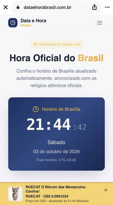 A mobile browser screenshot of dataehorabrasil.com.br showing the official time of Brasília as 21:44:42 on Saturday, October 3, 2026 (UTC-03:00), with a RUECAT Bitcoin memecoin advertisement at the bottom priced at US$ 0.0001024.
