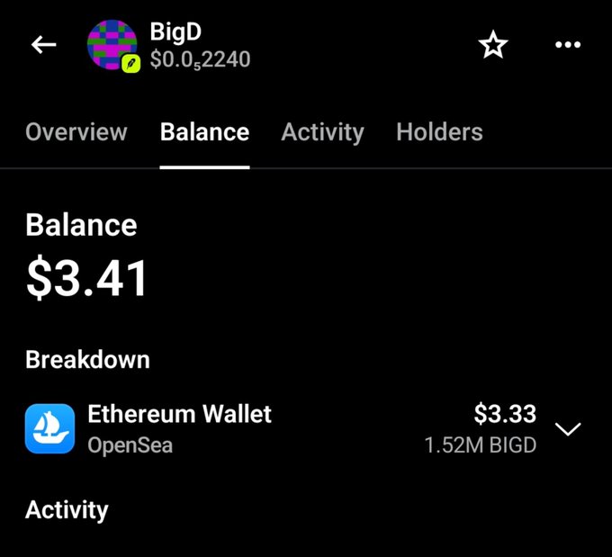 A mobile app screen showing a cryptocurrency profile for "BigD" with a balance of $3.41, including an Ethereum Wallet holding 1.52M BIGD on OpenSea.