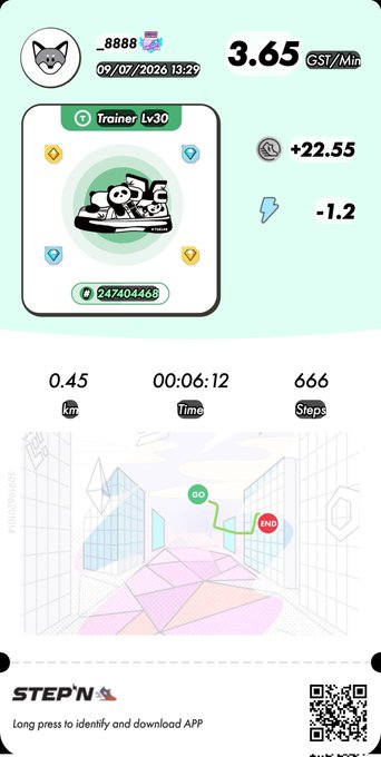 A screenshot from the STEP'N app showing a 0.45 km run taking 00:06:12, earning 3.65 GST/Min, with a digital sneaker NFT labeled "Trainer Lv30".