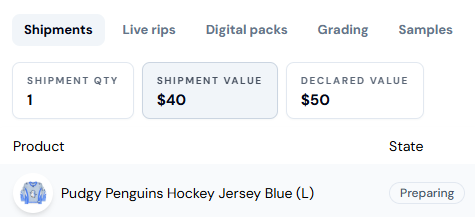 Shipping dashboard showing a shipment with quantity 1, shipment value $40, and declared value $50, with a "Pudgy Penguins Hockey Jersey Blue (L)" in the Preparing state.