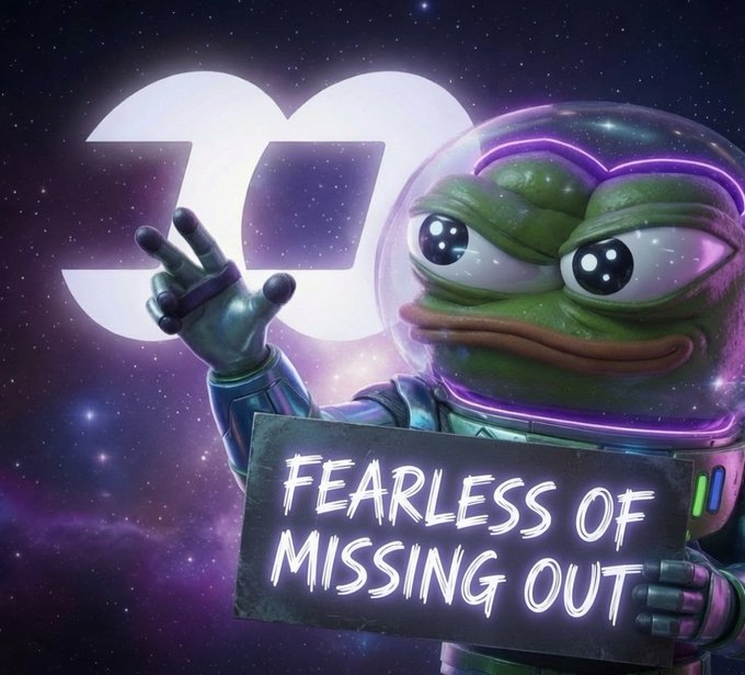A digital illustration of a 3D-rendered Pepe the Frog inside a glowing neon astronaut helmet, holding a sign that reads "FEARLESS OF MISSING OUT" against a purple cosmic background featuring a large "3D" logo.
