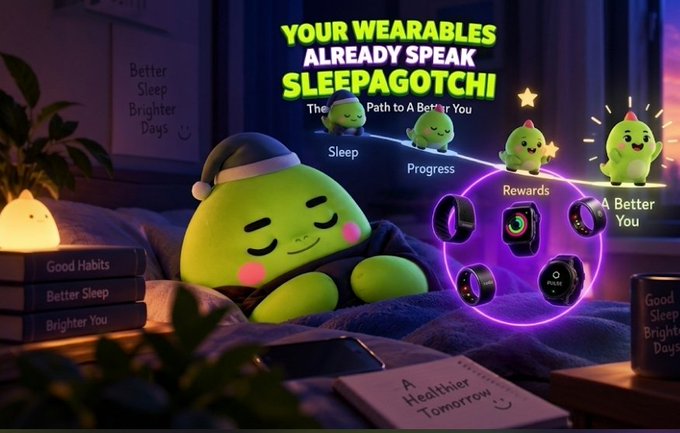 An advertisement shows a green dinosaur mascot wearing a sleeping cap with the text 'YOUR WEARABLES ALREADY SPEAK SLEEPAGOTCHI - The Path to A Better You' alongside various smartwatches and wearable devices.