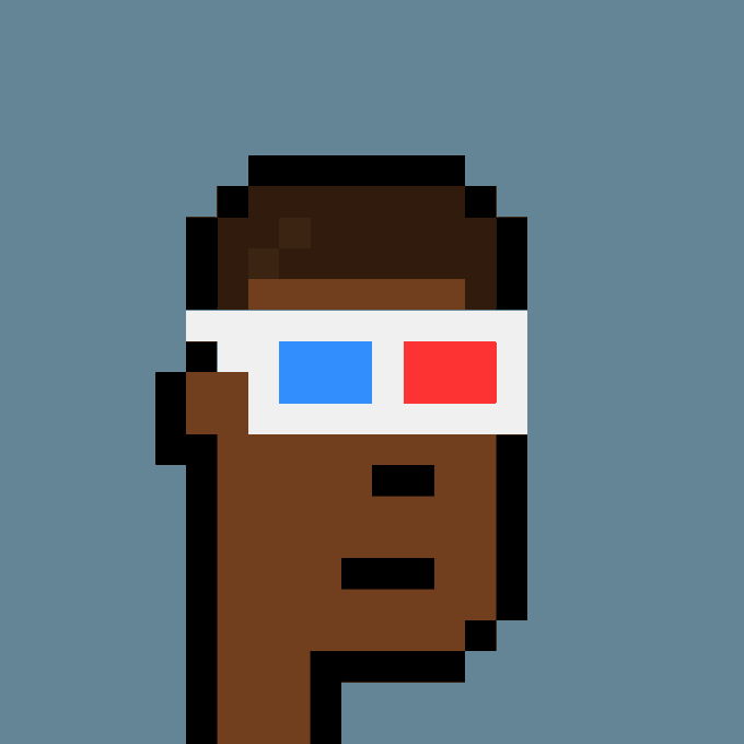A pixel art character with brown skin, dark hair, and red-blue 3D glasses against a slate gray background, representing CryptoPunk #1326, which was purchased for 51 ETH ($122,231 USD) by 0x73f4...4a6a from 0x8463...33f2 (homerfan33.eth).