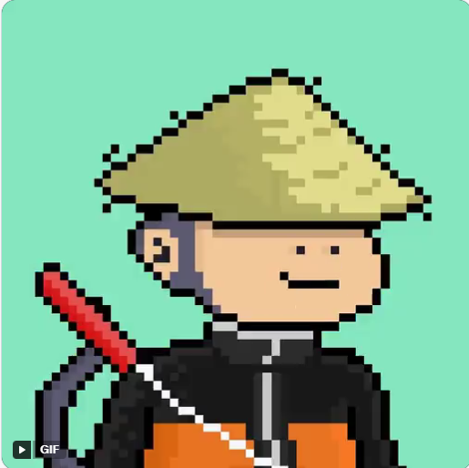 A pixel art GIF of a smiling character wearing a straw hat and carrying a red item on their back, resembling a classic video game sprite.