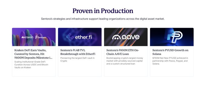The image displays a "Proven in Production" section from Sentora, highlighting four case studies of their institutional-grade risk management work across major crypto platforms: Kraken (DeFi Earn vaults and $600M Deposits Milestone), ether.fi ($1.4B TVL breakthrough), Aave ($100M ETH On-Chain Loan), and PYUSD ($70M Net PYUSD growth with Paxos, Paypal, Solana).

This supports the post by visually reinforcing Sentora's credentials as established market leaders in DeFi risk analysis, lending credibility to the comparison being drawn about where yield originates versus where risk is absorbed in Firelight's XRP-backed underwriting model.