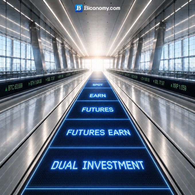 A futuristic hallway image for Biconomy.com shows trading pairs (BTC, ETH, SOL, XRP) and lists options: SPOT, EARN, FUTURES, FUTURES EARN, and DUAL INVESTMENT.