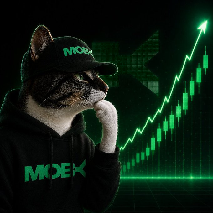 A tabby cat wearing a black hoodie and cap branded with "MOBX" stares thoughtfully at a glowing green candlestick chart with an upward-trending arrow, visually echoing the post's playful boast that MOBY delivered the functionality while MOBX delivered the chart that showcased it.
