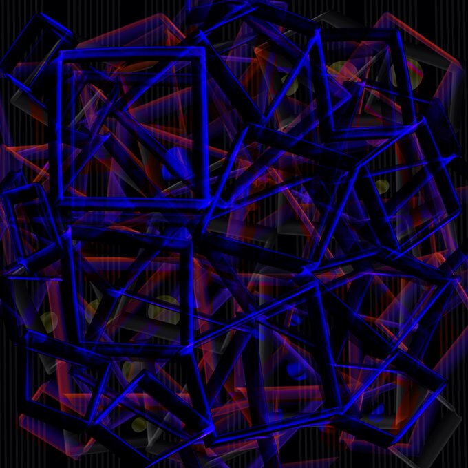 A complex digital artwork or rendering features an overlapping, chaotic arrangement of glowing blue and red geometric frames, primarily triangles and rectangles, set against a dark background.