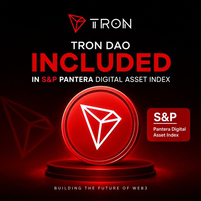 The image is a promotional graphic announcing that TRON DAO has been included in the S&P Pantera Digital Asset Index, featuring the TRON logo prominently in red and white with the tagline "Building the Future of Web3" and the S&P Pantera Digital Asset Index badge.