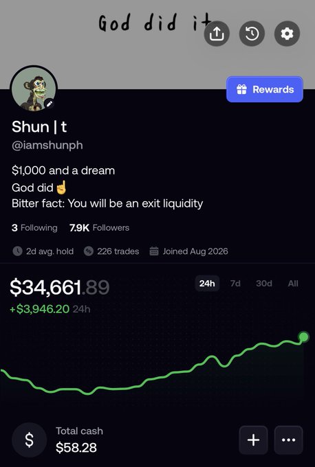 The image shows a trading profile page for "Shun | t" (@iamshunph) on what appears to be a crypto trading platform, displaying a portfolio value of $34,661.89 with a +$3,946.20 gain over 24 hours, illustrated by an upward-trending green chart. The profile features a cartoon avatar, 7.9K followers, 226 trades, and a bio reading "$1,000 and a dream / God did ✌️ / Bitter fact: You will be an exit liquidity," along with his main holding ticker $STONK as mentioned in the accompanying post.