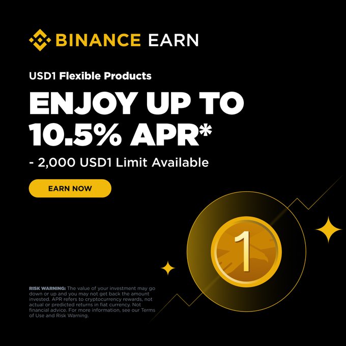 The image features a poster with a gold coin design surrounded by stars, positioned against a black background. The caption of the image reads "Interesting seeing USD1 continue expanding its role across @binance instead of staying limited to a single use case".