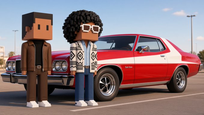 Two blocky, pixelated figures resembling NFT characters stand next to a classic red and white muscle car with 'Sain Dain' written on the side, parked in a lot under a blue sky.