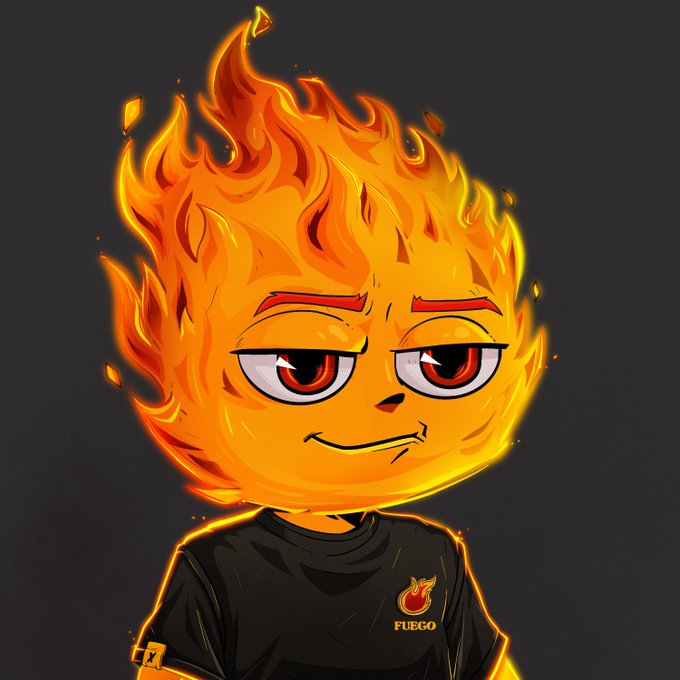 A cartoon fire-headed character with a sly smirk and glowing red eyes wears a black shirt displaying the "FUEGO" logo and a flame emblem, matching the post's "gFuego" branding and "ARE YOU READY" hype.