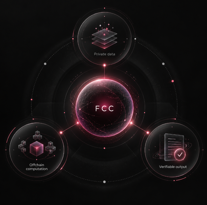 A futuristic graphic illustrates an 'FCC' system with a central glowing orb connected to three circular nodes labeled 'Private data', 'Offchain computation', and 'Verifiable output'.