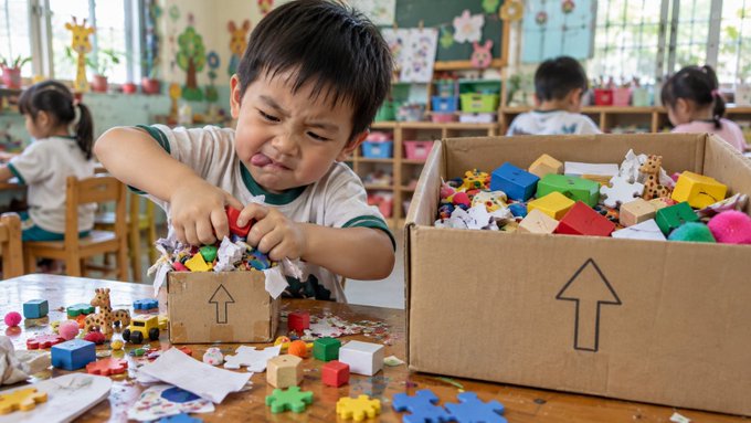 A young child in a school uniform making a frustrated face while struggling with a small cardboard box labeled with an upward arrow at a table covered with building blocks and toys. A larger cardboard box also marked with an arrow sits nearby in a classroom setting.