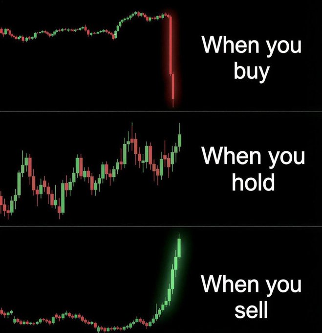 A three-panel meme depicting crypto trading emotions: 'When you buy' with a red crash, 'When you hold' with sideways volatility, and 'When you sell' with a green spike.