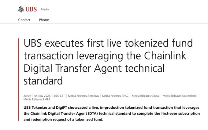 UBS Media press release headline: 'UBS executes first live tokenized fund transaction leveraging the Chainlink Digital Transfer Agent technical standard', dated 04 Nov 2025.
