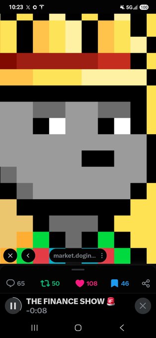A mobile screenshot of a social media video titled 'THE FINANCE SHOW' featuring a pixel art character, with the URL 'market.dogin...' visible and engagement metrics showing 65 comments, 50 reposts, 108 likes, and 46 saves.
