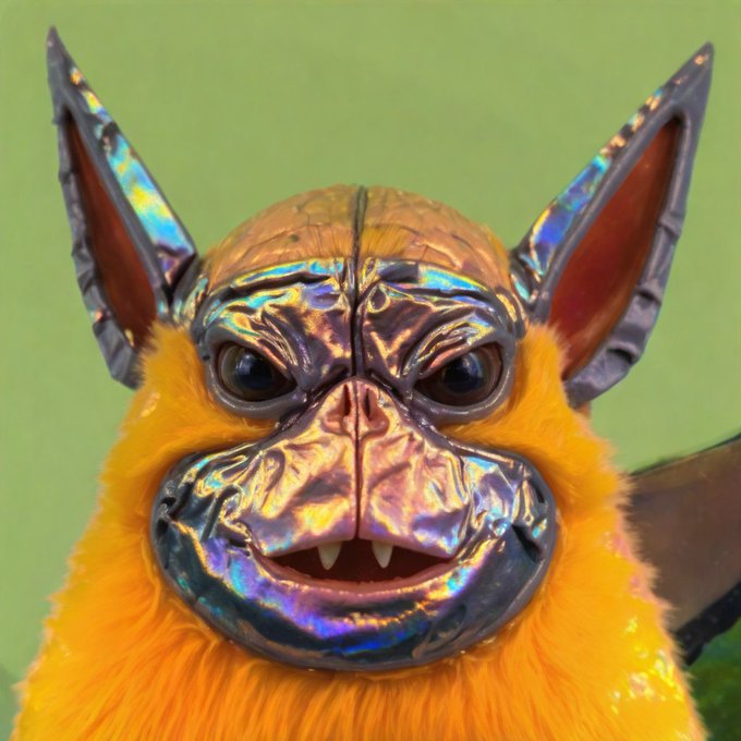 A close-up of a furry orange bat-like creature wearing a highly reflective, iridescent metallic mask with large ears.