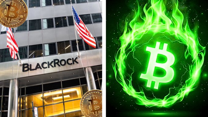The image shows the BlackRock corporate building with American flags and Bitcoin coins on the left, paired with a glowing green Bitcoin emblem on the right, visually reinforcing the post's message about BlackRock's massive $233 million Bitcoin ETF inflow signaling continued institutional confidence in cryptocurrency.