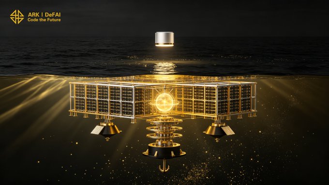 The image shows a glowing golden technological structure partially submerged beneath dark ocean waters, with the text "ARK | DeFAI - Code the Future" in the top left corner. This visual metaphor of an elaborate, radiant system hidden beneath the surface aligns perfectly with the post's message about Arkie's foundational AI layer working behind the scenes to connect users and AI Agents within the ARK ecosystem—suggesting that the true power of the platform operates invisibly beneath what's readily seen.