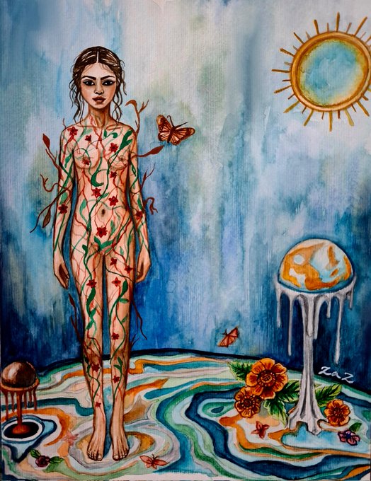 The image features a woman with flowers painted on her body, standing in front of a globe that has been melted down into a pool of liquid. The woman appears to be surrounded by various objects such as butterflies, flowers, and a puddle. The background is blue, which complements the overall color scheme of the painting. The post caption reads "QT your !" followed by an image of the artwork.