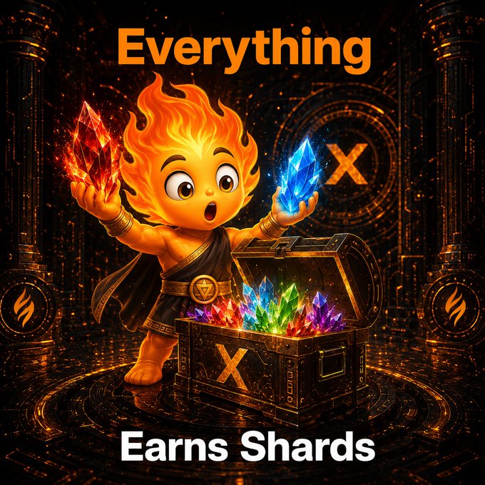 A cartoonish fire elemental character holding red and blue crystals above a treasure chest full of colorful crystals, with text reading 'Everything' and 'Earns Shards' against a dark, ornate background.