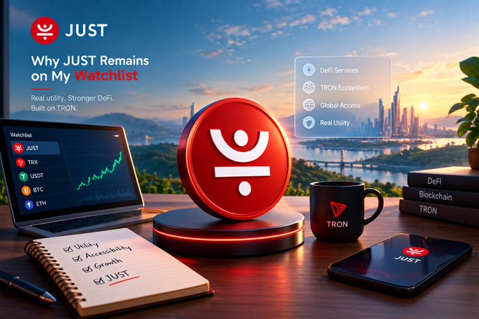 A promotional graphic for the JUST token features the text 'Why JUST Remains on My Watchlist' and 'Real utility. Stronger DeFi. Built on TRON.', with a watchlist showing JUST, TRX, USDT, BTC, and ETH.