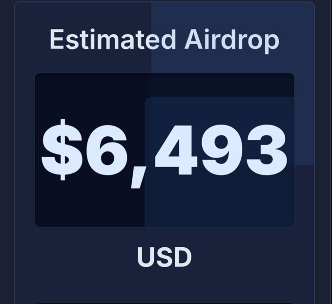 A dark-themed dashboard widget displays "Estimated Airdrop" with a value of "$6,493 USD" in large bold text.