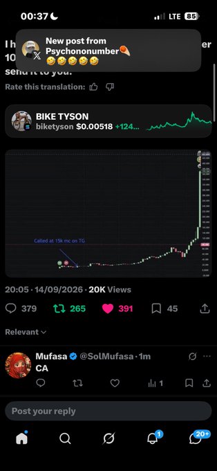 Twitter/X screenshot showing a post about "BIKE TYSON" with a green candlestick chart showing a sharp upward spike, timestamped 14/09/2026.