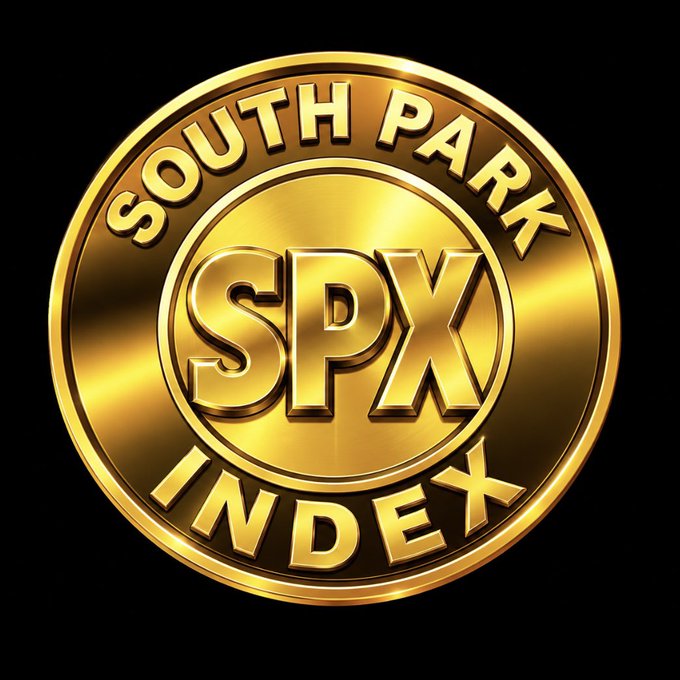A golden coin logo reading 'SOUTH PARK SPX INDEX' on a black background.