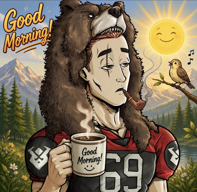 An anime-style illustration of a person wearing a bear hat and a football jersey (number 88), drinking from a 'Good Morning!' mug while smoking a pipe, with a smiling sun and singing bird nearby.