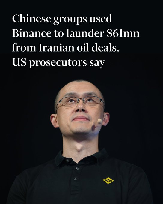 A news article featuring Changpeng Zhao (CZ), former CEO of Binance, with the headline 'Chinese groups used Binance to launder $61mn from Iranian oil deals, US prosecutors say'.