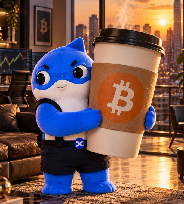 3D-rendered blue mascot character holding an oversized coffee cup displaying the Bitcoin (₿) logo, with a Bitcoin poster and trading charts visible in the background.