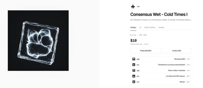 An NFT listing page for 'Consensus Wet - Cold Times I', described as 'An Object frozen in a temporary state. A study of preservation...', priced at $10.