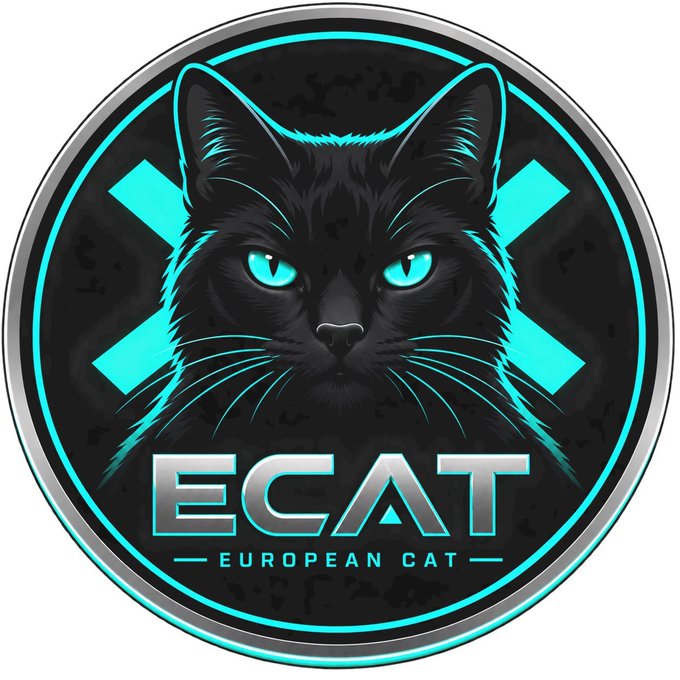 A circular logo featuring a black cat with glowing cyan eyes, with 'ECAT' text and 'EUROPEAN CAT' subtitle.