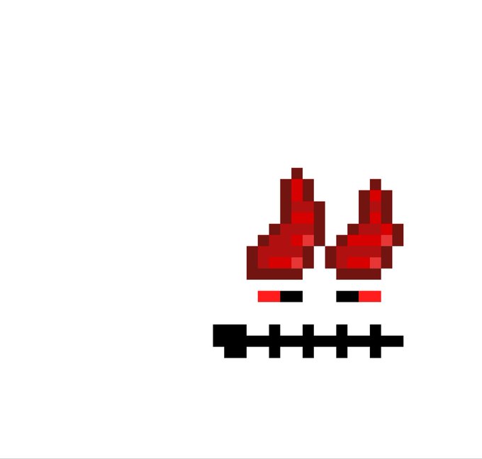 Minimalist pixel art on a white background showing two red crystal-like shapes, two small red-and-black bars, and a black stitched mouth line.
