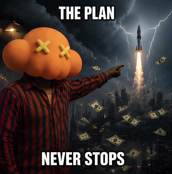 A meme featuring a figure with an orange cloud-like head marked with X's for eyes, pointing toward a rocket launch amid a stormy, lightning-filled sky with flying money. Text reads 'THE PLAN' at the top and 'NEVER STOPS' at the bottom.