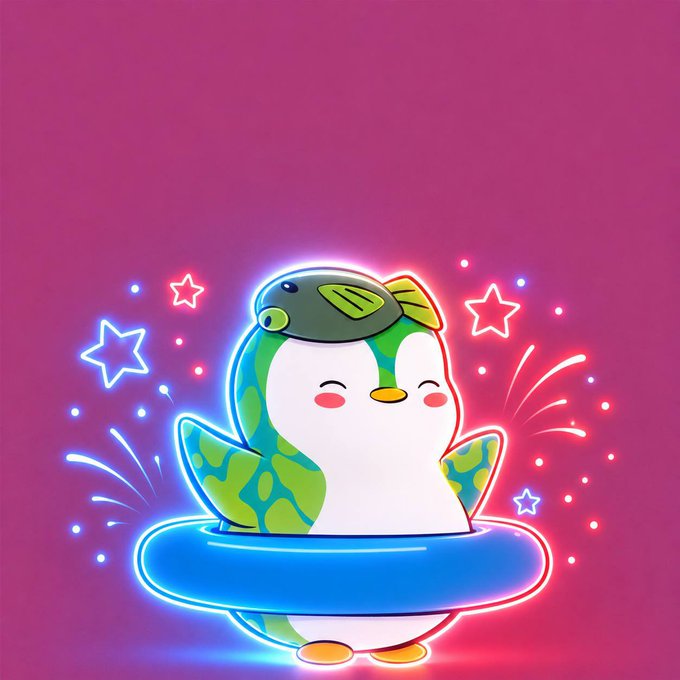 A cute green and white penguin-like character with a fish on its head sits in a blue pool against a vibrant pink background, surrounded by glowing neon stars and fireworks in red, white, and blue. The festive neon-lit scene matches the post's celebration of "Lil Pudgys light up on the 4th," capturing a fireworks-filled Fourth of July vibe.