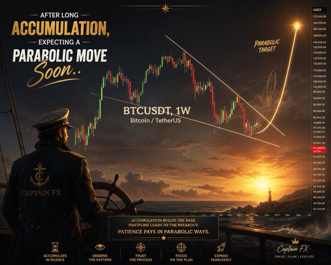 A promotional trading chart by Captain FX shows Bitcoin's weekly BTCUSDT price consolidating within a wedge pattern, with overlaid text declaring "After Long Accumulation, Expecting a Parabolic Move Soon" alongside a projected parabolic target reaching toward $150,000+, reinforcing the post's bullish forecast for a major Bitcoin breakout.