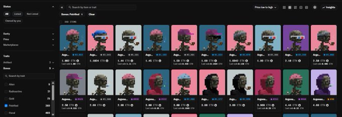 A dark-mode NFT marketplace screenshot displays a grid of 10 "Argonauts" petrified character avatars, showing prices ranging from 1.041 ETH to 5.56 ETH. The image supports the post's claim that only 2 cheap black Argonauts remain available, as two black-skinned avatars are visible in the bottom row priced at 2.377 ETH and 2.333 ETH, consistent with the user's message about their rarity and potential price increase.