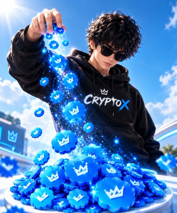 An anime-style character in a black 'CRYPTOX' hoodie and sunglasses pouring blue crown-emblazoned tokens that spell out 'CRYPTOX'.