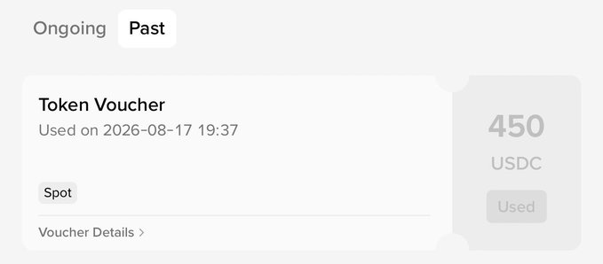 A Binance voucher history shows a past "Token Voucher" worth 450 USDC used on 2026-08-17 at 19:37 for Spot trading, confirming the user received the reward from the July Referral campaign.