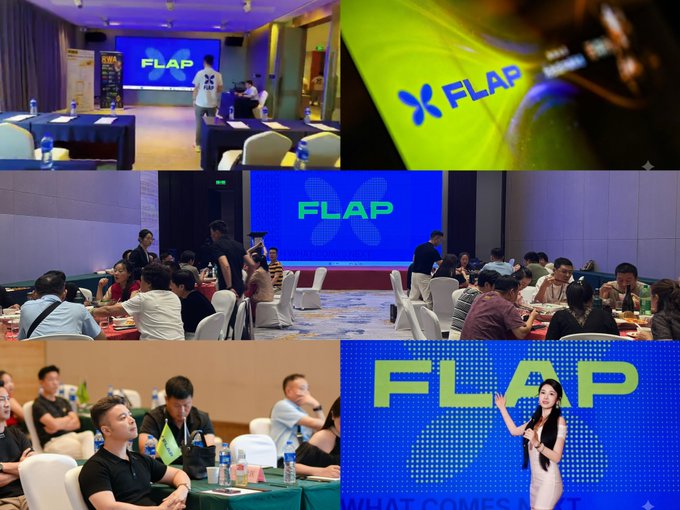 A collage of FLAP events shows conference rooms, tables of attendees, and blue screens with the “FLAP” logo; a woman stands on stage in front of a large “FLAP” backdrop.