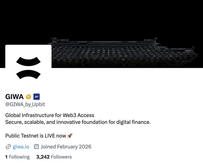 This image shows the X (Twitter) profile of GIWA (@GIWA_by_Upbit), an Upbit-affiliated project described as "Global Infrastructure for Web3 Access" with its public testnet live. The profile features a black banner with binary code and a white logo with curved shapes, aligning with the post about Upbit's Layer 2 blockchain project built on OP Stack that is currently in public testnet phase ahead of a planned mainnet launch in August 2026.