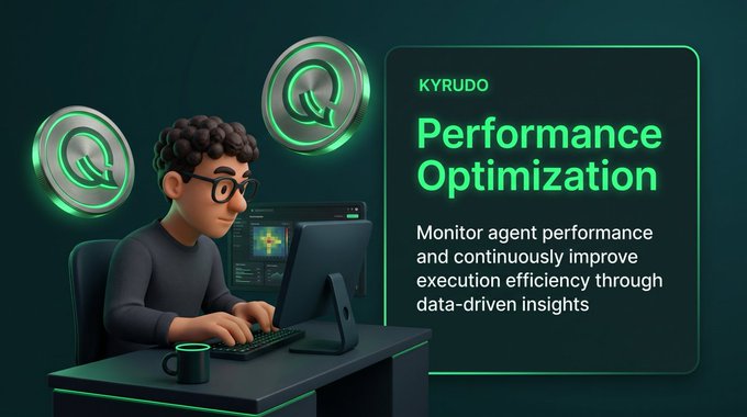 A 3D-rendered illustration of a bespectacled person at a computer desk with floating green Q coin icons, advertising 'KYRUDO Performance Optimization' for monitoring agent performance.