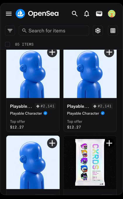 A screenshot of the OpenSea NFT marketplace mobile app showing search results for 'Playable Character' with multiple blue monkey avatars priced around $12.27.